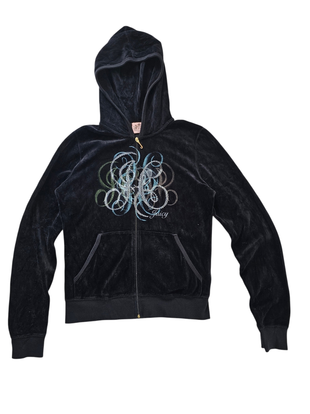 Juicy Couture Black Velour Zip-Up Hoodie with Multicolor Swirl Embellish